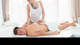 Tattooed Massage Girl Slides Down on His Cock Mid Rubdown