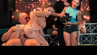 Sloppy Fucking Deepthroat on Cock at Club Bar While Crowd Watches Her Gag